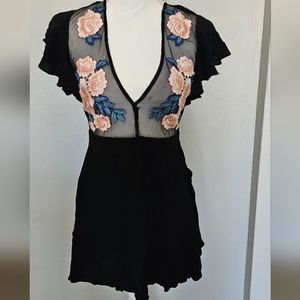 Black Mini Dress with Mesh Floral Front